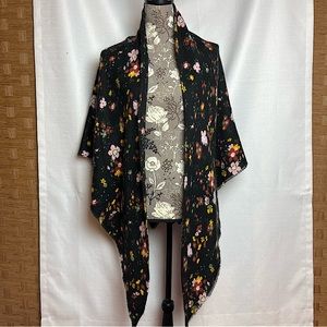INC Boho Blanket Scarf/Wrap, Black with multi-color floral pattern.